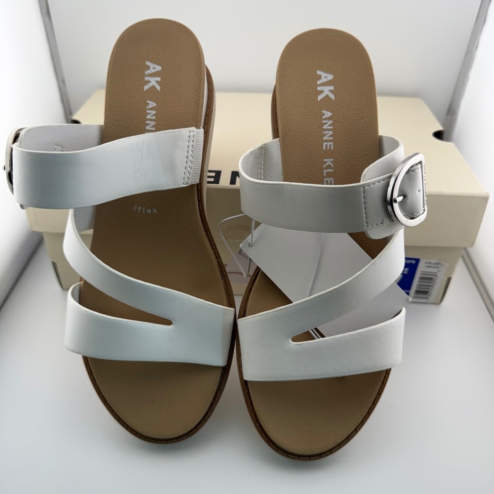 Anne Klein Lalasa Sandals Womens 7 White New Wedge Heel Buckle Strappy Slide - Picture 4 of 9